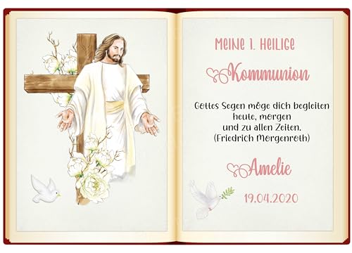 Tortenaufleger Tortenfoto Tortenbild Kommunion Konfirmation eckig Buchform Mädchen Jesus Rosa personalisiert TKM4016 von Generisch