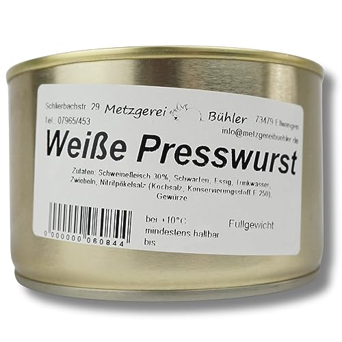 Weiße Presswurst Dosenwurst 200g bis 400g Wurstkonserve aus 30% deutschem Schweinefleisch, traditionelle Rezeptur von der Landmetzgerei Bühler, 12 Monate haltbar Leckerer Wurst Aufschnitt (400g) von Generisch