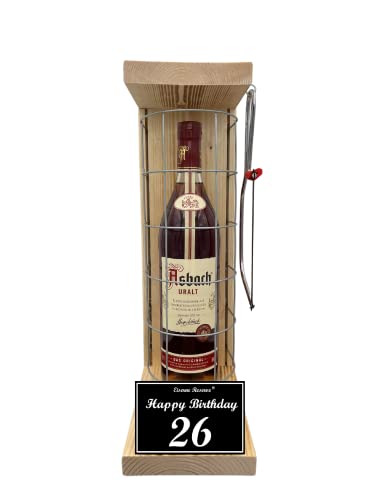 Asbach Uralt - Geschenk 26 Geburtstag Geschenkset Eiserne Reserve Gitterkäfig incl. Säge Text s/w 26 Happy Birthday Brandy (1 x 0.70 l) von Genial-Anders