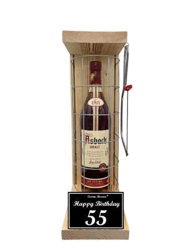 Asbach Uralt - Geschenk 55 Geburtstag Geschenkset Eiserne Reserve Gitterkäfig incl. Säge Text s/w 55 Happy Birthday Brandy (1 x 0.70 l) von Genial-Anders