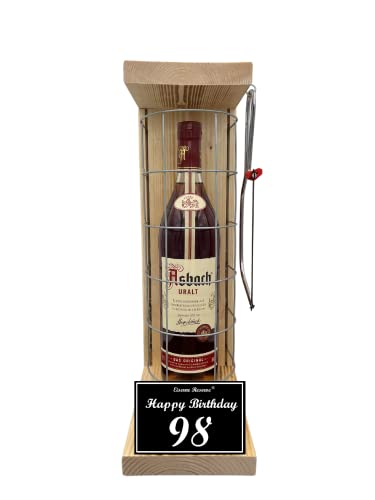 Asbach Uralt - Geschenk 98 Geburtstag Geschenkset Eiserne Reserve Gitterkäfig incl. Säge Text s/w 98 Happy Birthday Brandy (1 x 0.70 l) von Genial-Anders