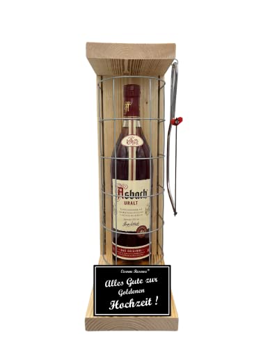 Asbach Uralt Geschenk zur Goldenen Hochzeit Geschenkset Eiserne Reserve Gitterkäfig incl. Säge Text s/w Alles Gute zur Goldenen Hochzeit Brandy (1 x 0.70 l) von Genial-Anders