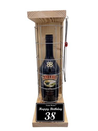 Eiserne Reserve Geschenk Baileys Geschenkset 38 Geburtstag Gitterkäfig incl. Notsäge Text s/w 38 Happy Birthday Likör (1 x 0.7 l) von Genial-Anders