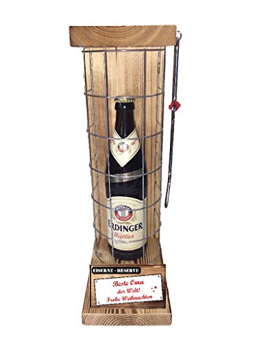Weihnachten Geschenk für Oma Geschenkidee Erdinger Weißbier Eiserne Reserve Gitter incl. Notsäge Text rot Beste Oma der Welt Frohe Weihnachten Bier (1 x 0.5 l) von Genial-Anders