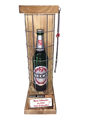 Beck´s Bier, Eiserne Reserve Gitter, Bier Pils (1 x 0,5 l) Text rot: Beste Schwester der Welt - Frohe Weihnachten von Genial-Anders