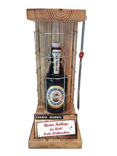 Weihnachten Geschenk für Kollege Flensburger Pils Eiserne Reserve Gitter incl. Notsäge Text rot Bester Kollege der Welt Frohe Weihnachten Bier (1 x 0.33 l) von Genial-Anders