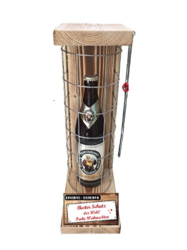 Weihnachten Geschenk für Schatz Franziskaner Weissbier Eiserne Reserve Gitter incl. Notsäge Text rot Bester Schatz der Welt Frohe Weihnachten Bier (1 x 0.5 l) von Genial-Anders