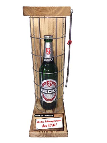 Beck´s Bier, Eiserne Reserve Gitter Geschenk, Bier Pils (1 x 0,5 l) Text rot: Bester Schwiegervater der Welt von Genial-Anders