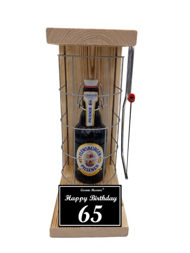 Flensburger Pils 65 Geburtstag Geschenke - Flensburger Eiserne Reserve Gitterkäfig Biergeschenk Text s/w 65 Happy Birthday Bier (1 x 0.33l) von Genial-Anders