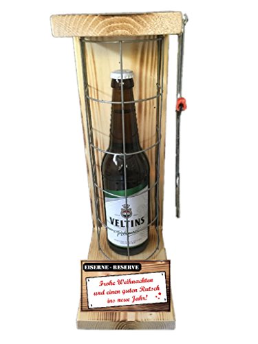 Frohe Weihnachten und einen guten Rutsch. | Eiserne Reserve Veltins Geschenk incl. Säge | Gitter | lustiges Geschenk für Mitarbeiter Nachbar Kollegen für Weihnachten | Bier Geschenk von Genial-Anders