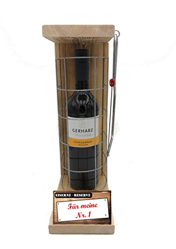 Eiserne Reserve Geschenk Weißwein Weinliebhaber Wein Geschenkset Für meine Nr. 1 Gitter incl. Notsäge Text rot: Für meine Nr. 1 Wein (1 x 0.75 l) von Genial-Anders