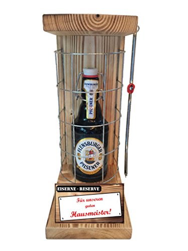 Flensburger Pilsener Hausmeister Geschenke - Eiserne Reserve Gitter Biergeschenk rot: Für unseren guten Hausmeister Bier (1 x 0.33 l) von Genial-Anders