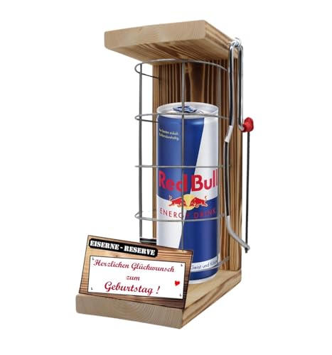 Red Bull Red Bull Geschenk - Eiserne Reserve Herzlichen Glückwunsch zum Geburtstag Red Bull Gitter incl. Säge - witzige lustige Geschenk-Idee Text rot von Genial-Anders