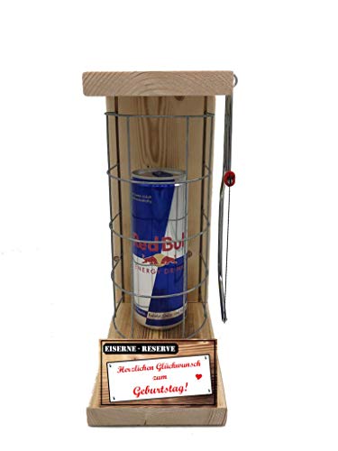 Red Bull Geschenk - Eiserne Reserve Herzlichen Glückwunsch zum Geburtstag Red Bull Gitter incl. Säge - witzige lustige Geschenk-Idee Text rot von Genial-Anders
