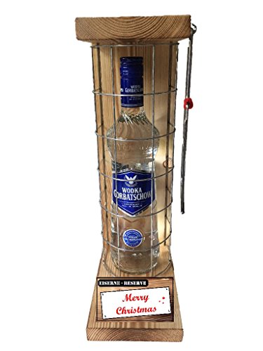 Geschenkideen Weihnachten lustig für Männer Frauen Geschenkidee Wodka Gorbatschow Eiserne Reserve Gitter incl. Notsäge Text rot Merry Christmas Vodka (1 x 0.70 l) von Genial-Anders