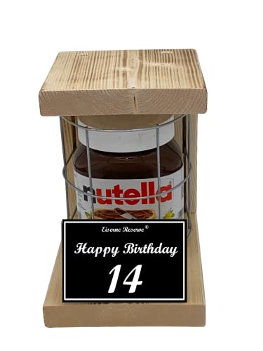 Nutella - Notfall Reserve - Metallgitter - Happy Birthday 14 Geburtstagsgeschenk - witziges Geschenk zum 14. Geburtstag für Jungen und Mädchen - Die Nutella Geschenkidee mit Holz von Genial-Anders