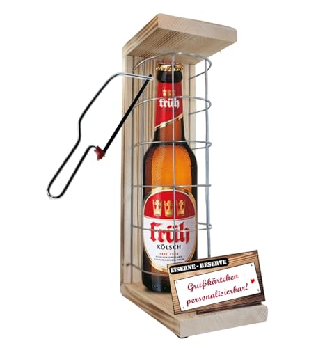 Personalisierte Geschenke für Männer Frauen Geschenkidee - Eiserne Reserve Gitter Text rot Früh Kölsch Bier (1 x 0.5 l) incl. Notsäge - Papa Mama Geburtstag Geschenk Bier von Genial-Anders