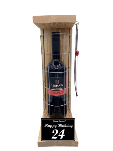 Eiserne Reserve Geschenk Rotwein Weinliebhaber Wein Geschenkset 24 Geburtstag Rotwein Gitterkäfig incl. Notsäge Text s/w 24 Happy Birthday Wein (1 x 0.75 l) von Genial-Anders