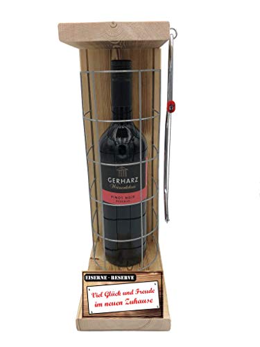 Eiserne Reserve Geschenk Rotwein Einweihung Haus Gitter incl. Notsäge Text rot: Viel Glück und Freude im neuen Zuhause Wein (1 x 0.75 l) von Genial-Anders