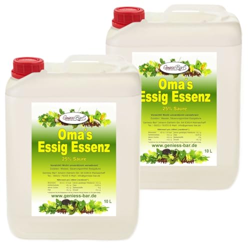 2x 10L Oma`s Essigessenz 25% Säure Unser Geschmackssieger für die gute Küche & Haushalt/Entkalken/Reinigen ohne Chemie mit Essig Essenz von Geniess-Bar!