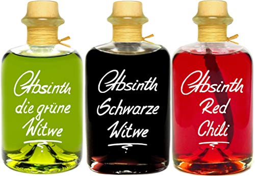 Absinth 3x 0,5L Grün Schwarz Rot Chili Mit maximal erlaubtem Thujon 35mg/L 55% Vol von Geniess-Bar!