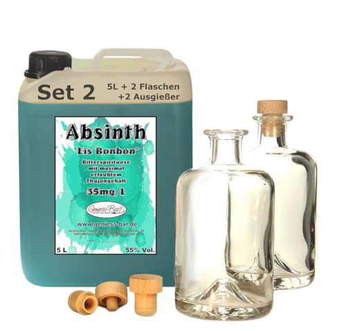 Absinth Arctic Blue 5L Eisbonbon inkl 2 Flaschen 2 Ausgießer 55% Vol Mit maximal erlaubten Thujon 35mg/L von Geniess-Bar!
