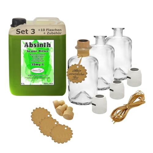 Absinth Die Grüne Witwe 5L + 10 Flaschen, Korken, Kapseln, Bast & Anhänger 55% Vol Mit max. Thujon 35mg Absinth Die Grüne Witwe 5L + 10 Flaschen, Korken, Kapseln, Bast & Anhänger 55% Vol Mit max. Thujon 35mg von Geniess-Bar!