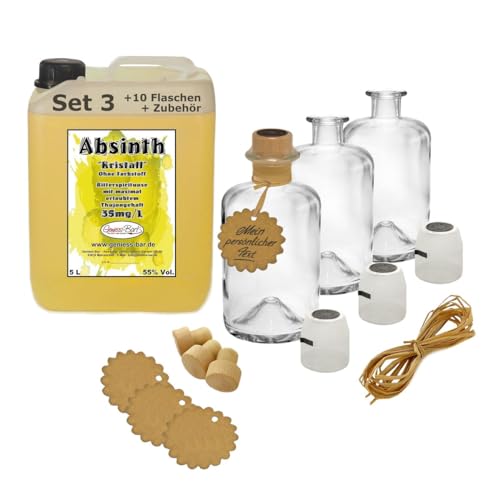 Absinth Gold Kristall 5L ohne Farbstoff + 10 Flaschen, Korken, Kapseln, Bast & Anhänger 55% Vol Mit max. Thujon 35mg von Geniess-Bar!