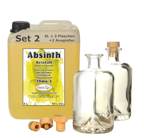 Absinth Gold Kristall 5L ohne Farbstoff inkl 2 Flaschen 2 Ausgießer 55% Vol mit maximal erlaubtem Thujongehalt 35mg/L von Geniess-Bar!