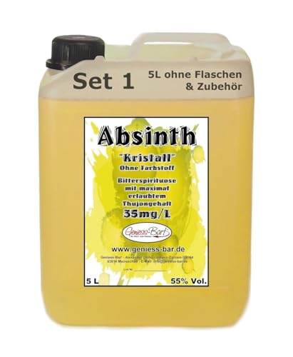 Absinth Gold Kristall 5L ohne Farbstoff mit maximal erlaubtem Thujongehalt 35mg/L 55% Vol von Geniess-Bar!