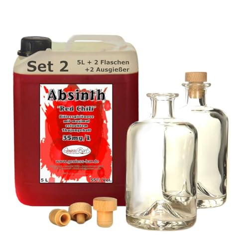 Absinth Red Chili 5 L inkl 2 Flaschen 2 Ausgießer 55% Vol mit maximal erlaubtem Thujongehalt von 35 mg/L von Geniess-Bar!