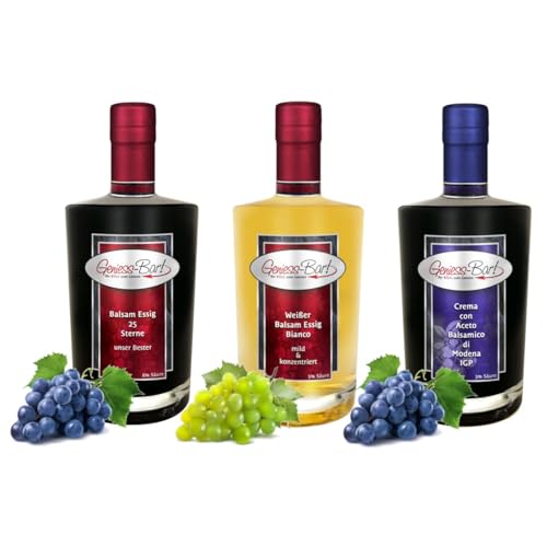 Balsamessig Sorglos Paket 3x 0,7L 25 Sterne Balsamessig/Weißer Balsam Essig/Crema di Balsamico di Modena IGP Geschenkflaschen Set von Geniess-Bar!