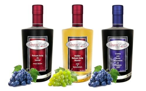 Balsamessig Sorglos Paket 3x 0,7L 25 Sterne Balsamessig/Weißer Balsam Essig/Crema di Balsamico di Modena IGP Geschenkflaschen Set von Geniess-Bar!