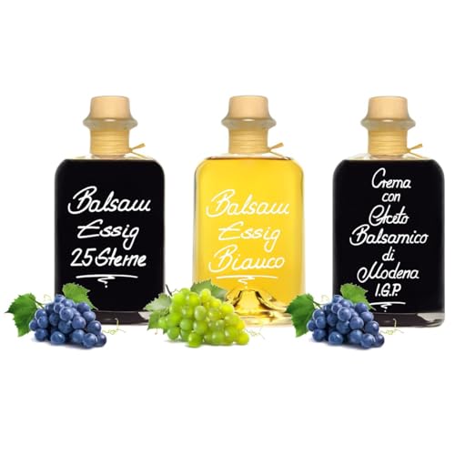 Balsamessig Sorglos Paket 3x 0,5L 25 Sterne Balsamessig/Weißer Balsam Essig/Crema di Balsamico di Modena IGP Set von Geniess-Bar!