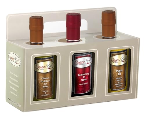Essig & Öl Geschenkbox 3x 0,35L in premium Qualität Olivenöl Knoblauch/Aceto 25 Sterne/Pastaöl von Geniess-Bar!