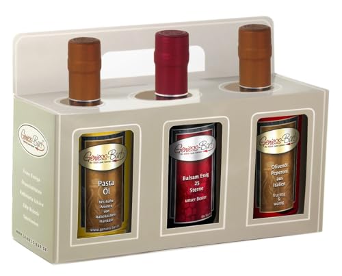 Essig & Öl Geschenkbox 3x 0,35L in premium Qualität Pastaöl/Aceto 25 Sterne/Peperoni Olivenöl extra vergine kaltgepresst von Geniess-Bar!