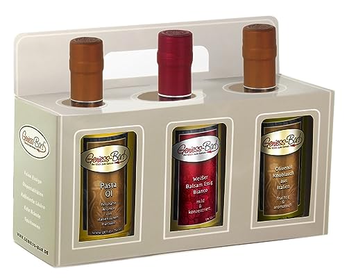 Essig & Öl Geschenkbox 3x 0,35L in premium Qualität Pastaöl / Balsamessig Bianco / Knoblauch Olivenöl extra vergine kaltgepresst von Geniess-Bar!