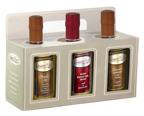 Essig & Öl Geschenkbox 3x 0,35L in premium Qualität Pastaöl/Balsamessig Bianco/Knoblauch Olivenöl extra vergine kaltgepresst von Geniess-Bar!