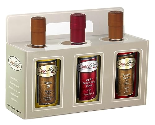 Essig & Öl Geschenkbox 3x 0,35L in premium Qualität Pastaöl / Balsamessig Bianco / Peperoni Olivenöl extra vergine kaltgepresst von Geniess-Bar!