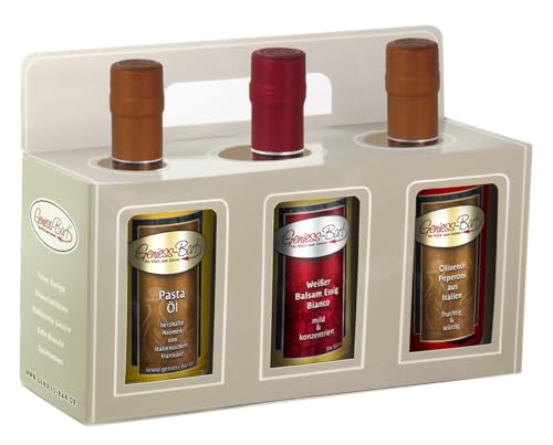 Essig & Öl Geschenkbox 3x 0,35L in premium Qualität Pastaöl/Balsamessig Bianco/Peperoni Olivenöl extra vergine kaltgepresst von Geniess-Bar!