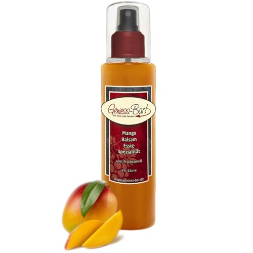 Exotischer Mango Balsam Essig - Spezialität 40% Fruchtmark Sprühflasche 0,26L vollfruchtig 5% Säure Pumpspray von Geniess-Bar!