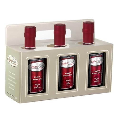 Geschenkbox 3x 0,35L Balsam Essig - Spezialität Himbeere/Tomate/Pflaumen Balsamessig in premium Qualität von Geniess-Bar!