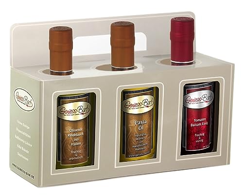 Geschenkbox 3x 0,35L Knoblauch Olivenöl / Pasta-Öl / Tomaten Balsam Essig - Spezialität 5% Säure Manufaktur Qualität von Geniess-Bar!