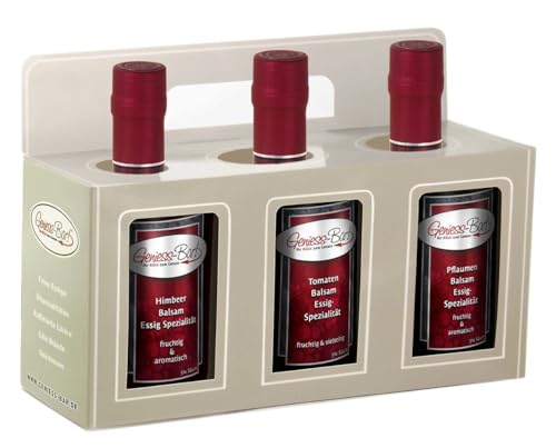 Geschenkbox 3x 0,5L Balsam Essig - Spezialität Himbeere/Tomate/Pflaumen Balsamessig in premium Qualität von Geniess-Bar!