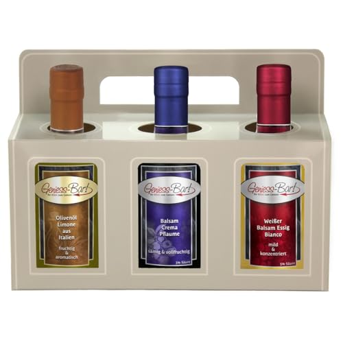 Geschenkbox 3x 0,5L Olivenöl Limone/Balsam Crema Pflaume/Balsam Essig Bianco in premium Qualität von Geniess-Bar!
