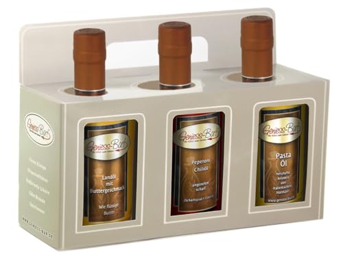 Geschenkbox 3x 350ml mit Landöl Butter / Peperoni Öl pikant / Pastaöl - Rapsöl VEGAN von Geniess-Bar!
