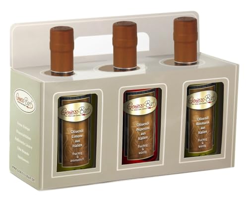 Geschenkbox Olivenöl Limone / Peperoni / Rosmarin aus Italien 3x 0,35L aromatisch kaltgepresst Präsent von Geniess-Bar!