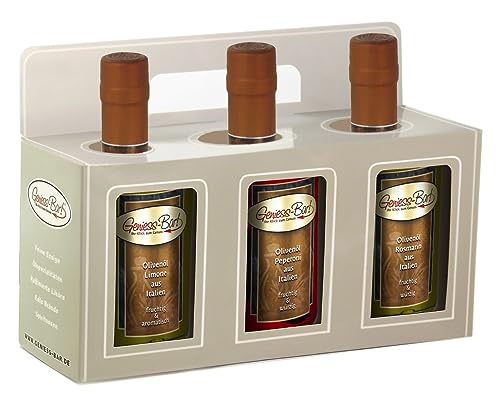 Geschenkbox Olivenöl Limone / Peperoni / Rosmarin aus Italien 3x 0,5L aromatisch kaltgepresst Präsent von Geniess-Bar!