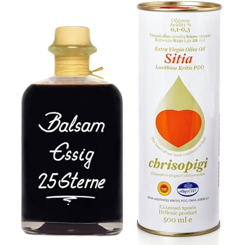 Griechisches Olivenöl Chrisopigi Kreta 0,5L & Balsam Essig Aceto 25 Sterne 0,5L von Geniess-Bar!