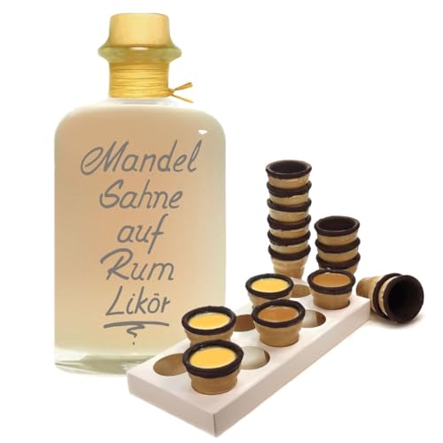 Mandelsahne auf Rum Likör 0,5L mit 8 knusprigen Schoko- Waffelbechern & Becherhalter 18% Vol. von Geniess-Bar!